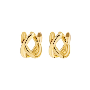 Polished gold interlocking X-shape earrings with a minimalist geometric design