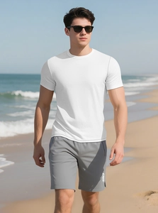 Outdoor shot of white cotton Henley t-shirt and grey sports shorts for summer