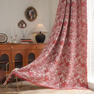 French style red and white jacquard curtain with elegant pom-pom trim and luxury fabric