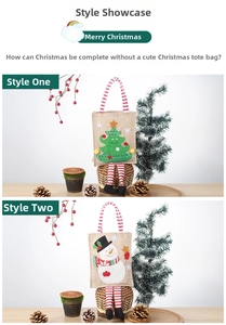 Detail of jute Christmas gift bags featuring snowman and tree appliques with striped legs