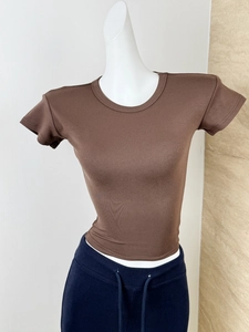 Macro detail of brown modal ribbed T-shirt fabric texture and slim fit crewneck design