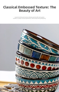 Detail of stacked ceramic bowls featuring embossed patterns and vibrant reactive glazes