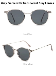 Detailed front and side view of grey round frame sunglasses with polarized lenses