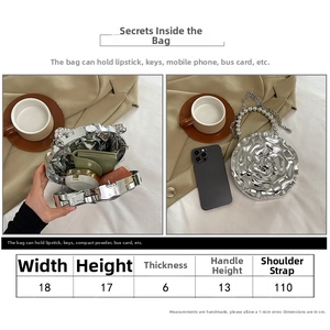 Detailed size chart and dimensions of the silver rose shaped evening clutch bag