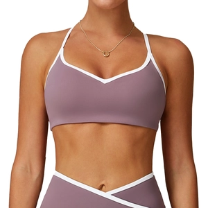 Lila Yoga Sport-BH-Set mit weißem Rand, hoher Taille Leggings und V-Ausschnitt Trägern