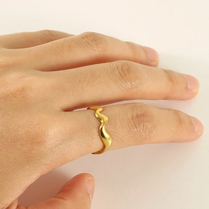 Irregular Wave Ring 18K Gold Plated Stainless Steel Minimalist Organic Ripple Open Adjustable Band Jewelry For Women