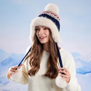 Winter Fair Isle knit trapper hat for women with faux fur lining and plush ear flaps