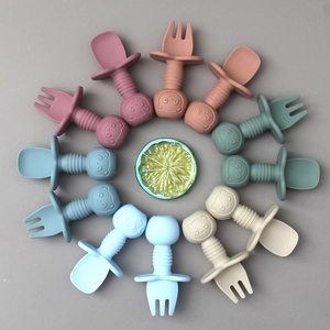 Silicone baby training spoon and fork set with animal handles and anti-choking shield