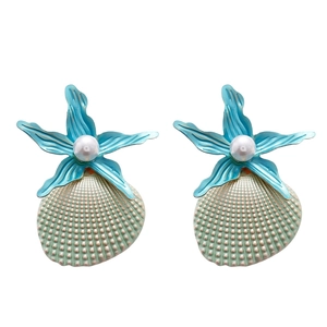 Blue starfish and shell pendant earrings with white pearls for beach vacation jewelry