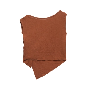 Women's summer rust red knit sleeveless T-shirt with irregular hem and wide neckline