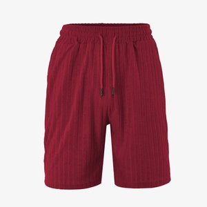 Men's burgundy corduroy sports shorts with vertical stripes and drawstring waist