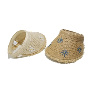 Lafia straw sun visor hat with daisy embroidery and fringed edges for beach vacation