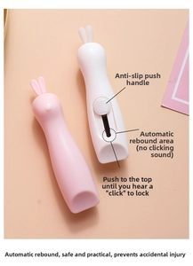 Detail view of rabbit-shaped mini utility knives with anti-slip slider in pink and white