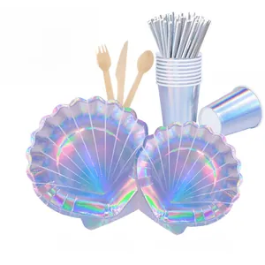 Iridescent laser shell-shaped party paper plates and cups set with wooden cutlery