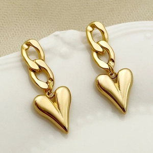 Stainless Steel Heart Drop Earrings For Women Gold Plated Chain Link Minimalist Polished Dimensional Jewelry Elegant