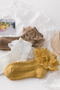 Detailed knit texture and layered lace trim on cotton socks in multiple colors