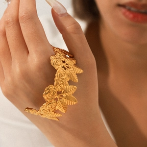 Exaggerated 18K gold plated stainless steel floral cuff bracelet with roses and leaves