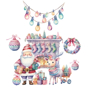 Pink Christmas Santa wall stickers set with reindeer and watercolor holiday decorations