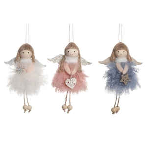 Set of three plush Christmas angel hanging ornaments in white, pink, and blue colors