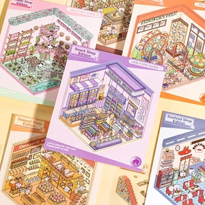 Miniature Scene Sticker Book PET Waterproof No Cutting DIY Scrapbooking Journal Decorative Cute Cartoon Isometric