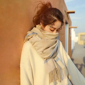 Écharpe à carreaux beige et bleu en faux cachemire avec franges, châle d'hiver chaud