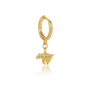 Detail of a 18K gold fish earring featuring a yellow heart gemstone and white diamond