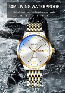 Business watch with 50M water resistance shown against flowing water background