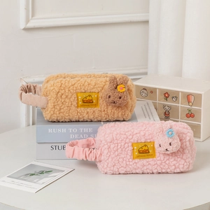Japanese style plush pencil case in yellow and pink lamb wool with cute rabbit charms