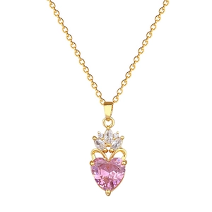 Luxurious gold crown necklace with heart-shaped pink crystal and zircon details