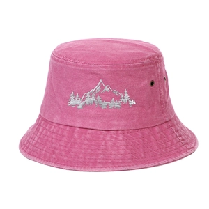 Outdoor rose red bucket hat with embroidered mountain forest design and metal eyelets