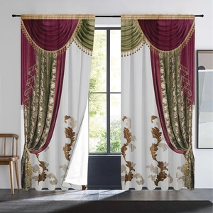Detailed tassels and gold bead fringes on classical burgundy and olive valance curtains