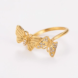 Detailed side view of a gold-plated butterfly ring featuring sparkling zircon inlay accents