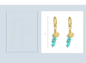 Detailed view of 18k gold plated fan earrings with turquoise chips and shell charms