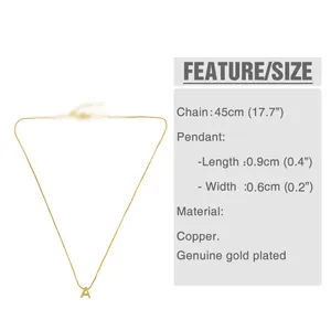 Size chart for gold-plated letter necklace showing 45cm chain and pendant dimensions