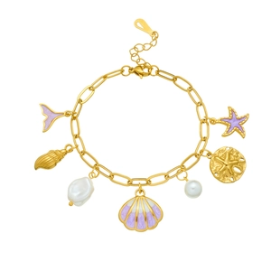 Gold-plated paperclip chain bracelet with purple sea shell, starfish and pearls