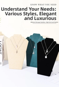 Three-tiered necklace bust displays in beige linen, dark green velvet, and black velvet