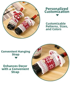 Detail of knitted Christmas wine bottle cover with snowflake pattern and plush trim