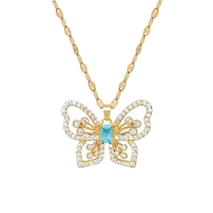 Hollow butterfly pendant necklace with blue rectangle stone and crystals in gold