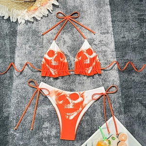 Women Skull Print Halter Bikini Top And Bottom With Ruffles Orange Sexy Beach Swimwear Halloween Gothic Bathing Suit