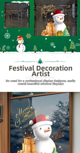 Detailed Christmas window decals featuring snowman, golden gift boxes, and snowflakes