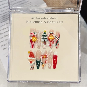 Handmade Press On Nails 3D Christmas Santa Claus Festive Artificial Nails Coffin Long Fake Nails For Women