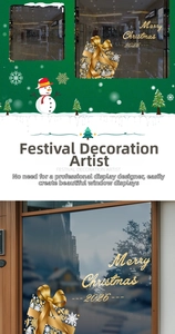 Detail of gold Christmas gift box window decals with snowman and snowflakes patterns