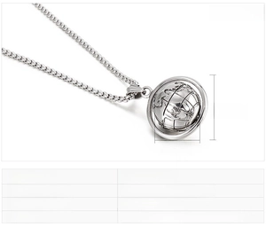 Macro shot of stainless steel spinning globe pendant necklace with size dimensions and weight