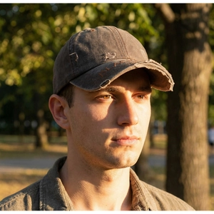 Close-up of distressed vintage baseball cap with embroidery and frayed hole details