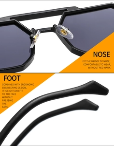 Detail of ergonomic nose pads and temples on punk polygonal sunglasses for comfort