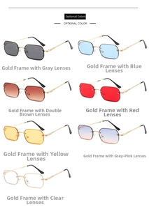 Various colored frameless square sunglasses with gold metal temples and tinted lenses