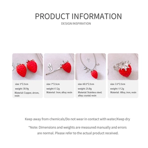 Detailed grid view showing strawberry jewelry dimensions and material specifications