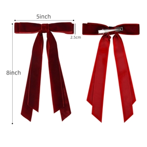 Deep red velvet double bow hair clip with long ribbons and metal duckbill clip