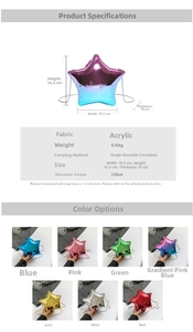 Star-shaped acrylic crossbody bag dimensions and multicolor options shown in detail