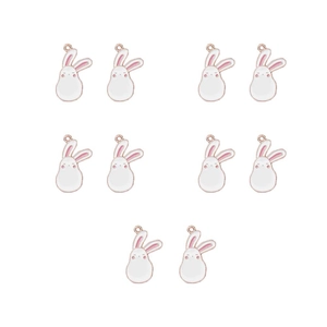 Set of 10 white enamel rabbit charms with pink ear details and rose gold metal edges